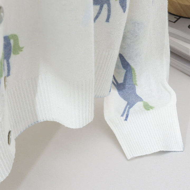 Damen Fein gestrickter Knopfcardigan mit Pferde-Print und Rundhalsausschnitt Drune