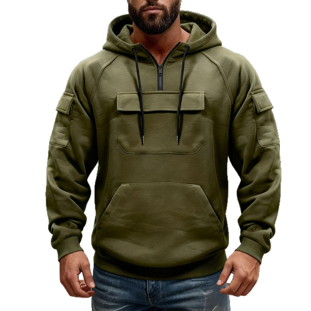 Herren funktionaler Kapuzenpullover mit halbem Frontreißverschluss, aufgesetzter Fronttasche mit Klappe und Kängurutasche Drune
