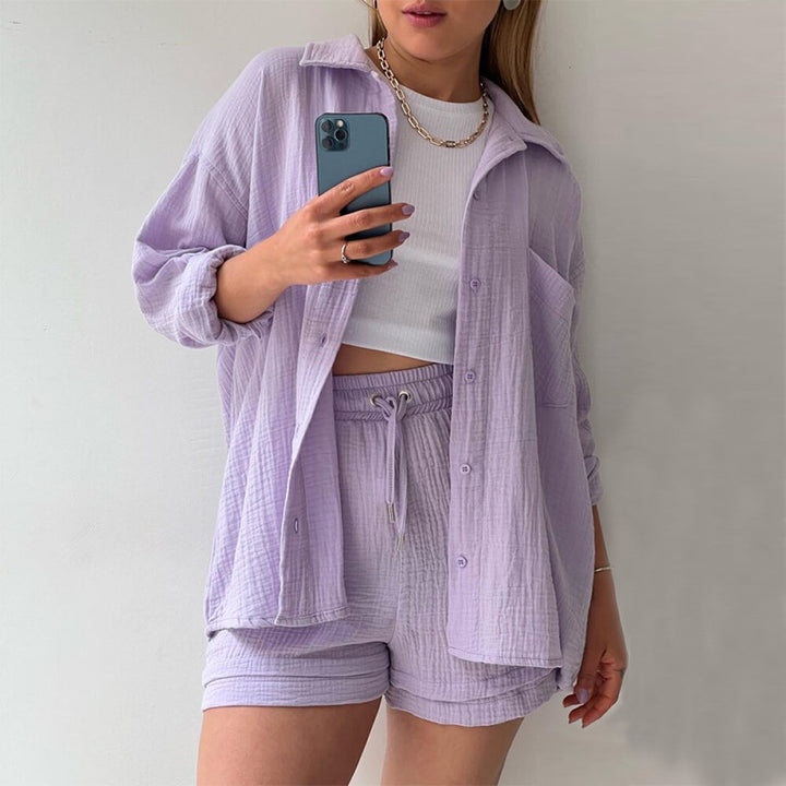 Damen Dreiteiliges Leinenoptik-Lounge-Set mit offenem Hemd, Crop-Top und hoher Taillen-Shorts Drune