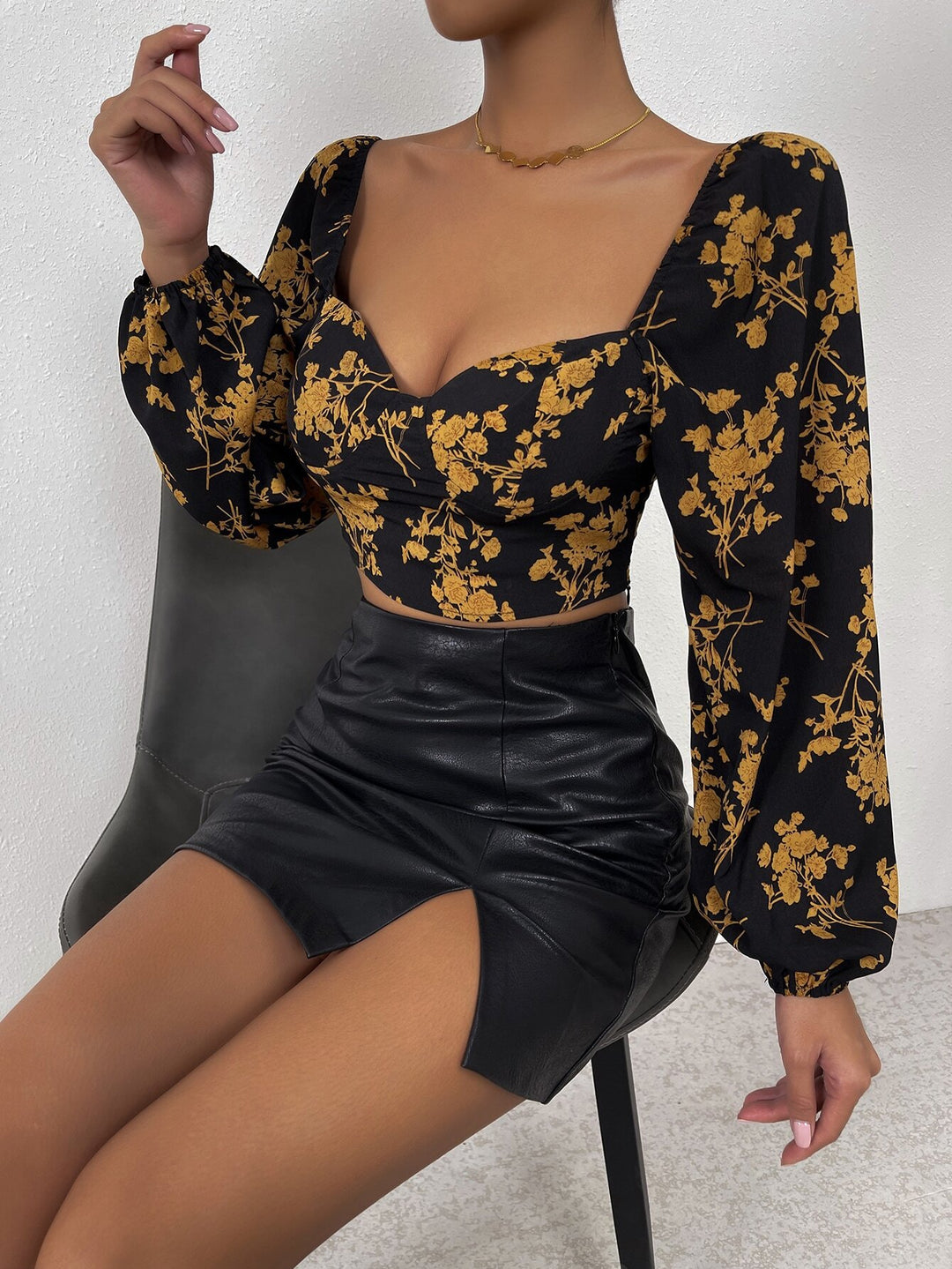 Damen Crop-Top mit floralem Muster und elegantem Puffärmel Drune