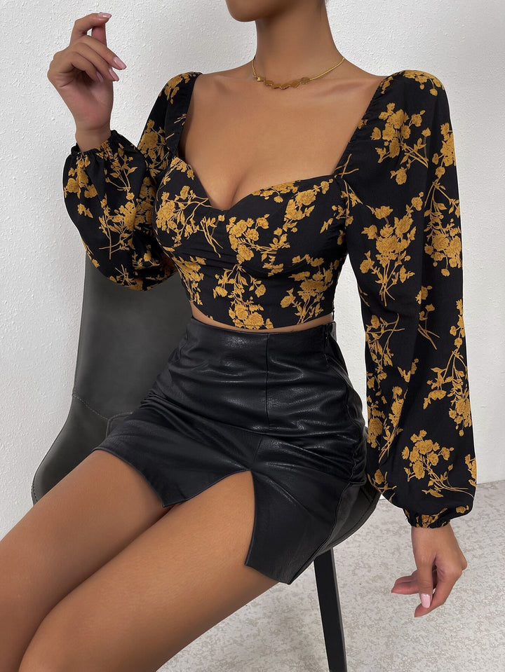 Damen Crop-Top mit floralem Muster und elegantem Puffärmel Drune