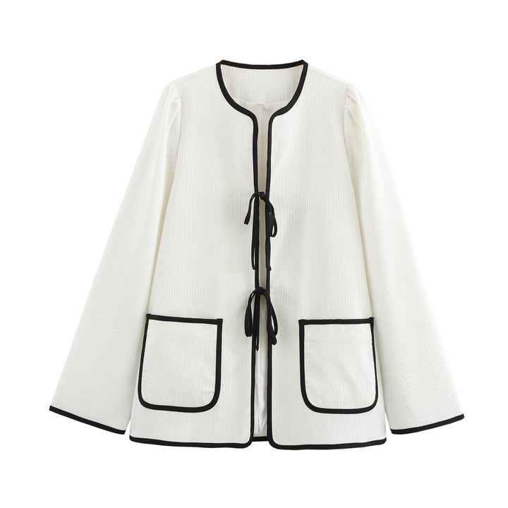 Damen modische Überziehjacke mit eleganten Binde-Details und praktischen Taschen Drune
