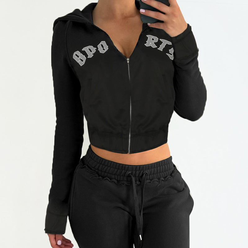 Damen nan taillierte Cropped-Kapuzenjacke mit durchgehendem Reißverschluss, elastischem Abschlussbund und dekorativem College-Print Drune