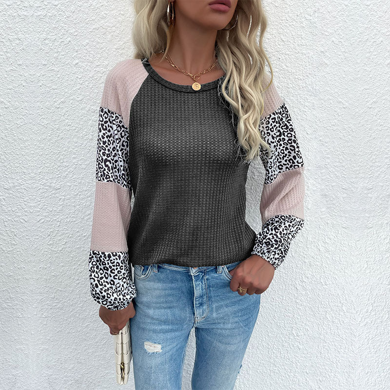 Damen Lässiges Waffelstrick-Shirt mit Raglanärmeln, Colorblock und Leo‑Einsätzen Drune