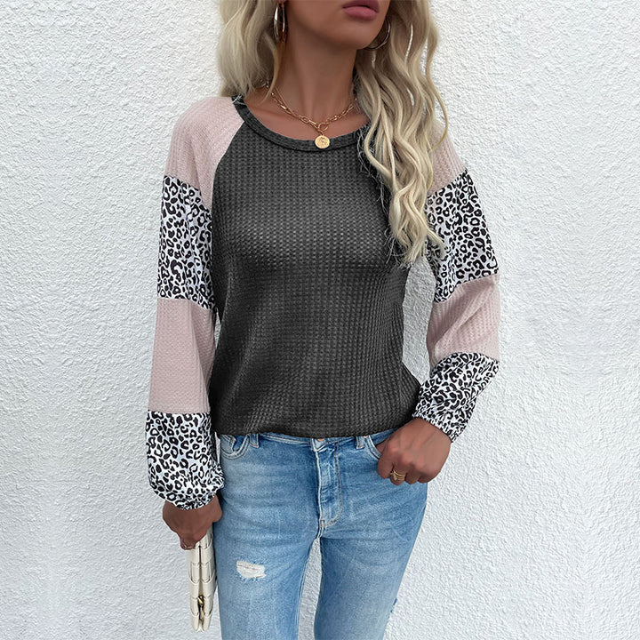 Damen Lässiges Waffelstrick-Shirt mit Raglanärmeln, Colorblock und Leo‑Einsätzen Drune