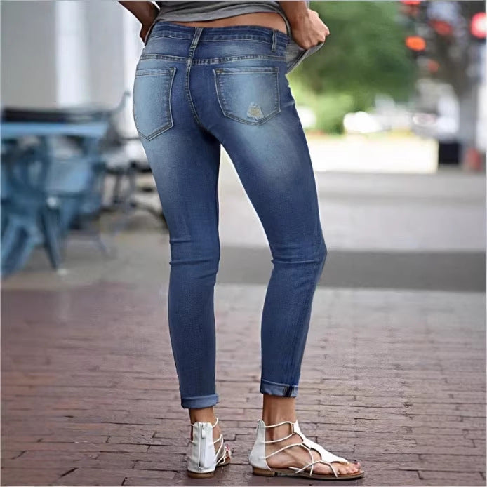 Damen Cropped Slim-Fit Denimhose mit mittelhohem Bund, Cuffed‑Saum und dezenter Used‑Optik Drune