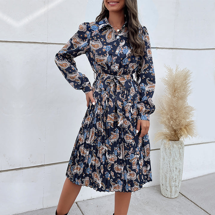 Damen Elegantes Maxi-Kleid mit Taillengürtel und Blumenmuster Drune