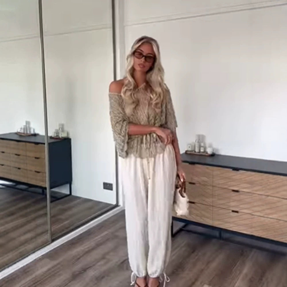 Damen Off-Shoulder Häkel-Strickbluse mit Tunnelzug und Volumenärmeln Drune