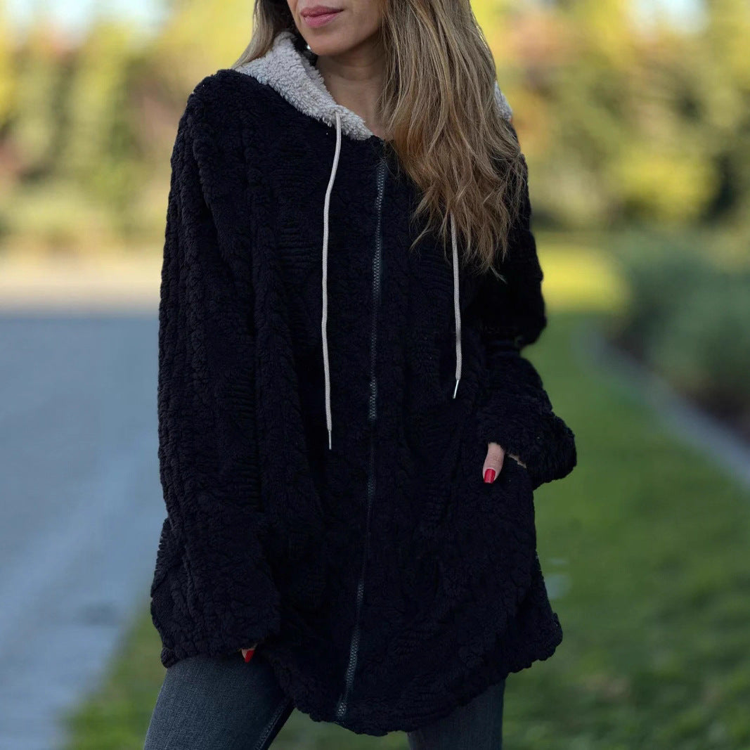 Damen nan oversized Teddy-Manteljacke mit Kontrastkapuze, Reißverschluss und Eingrifftaschen Drune