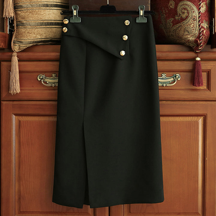 Damen Eleganter Midirock mit asymmetrischem Schnitt und Goldknöpfen Drune