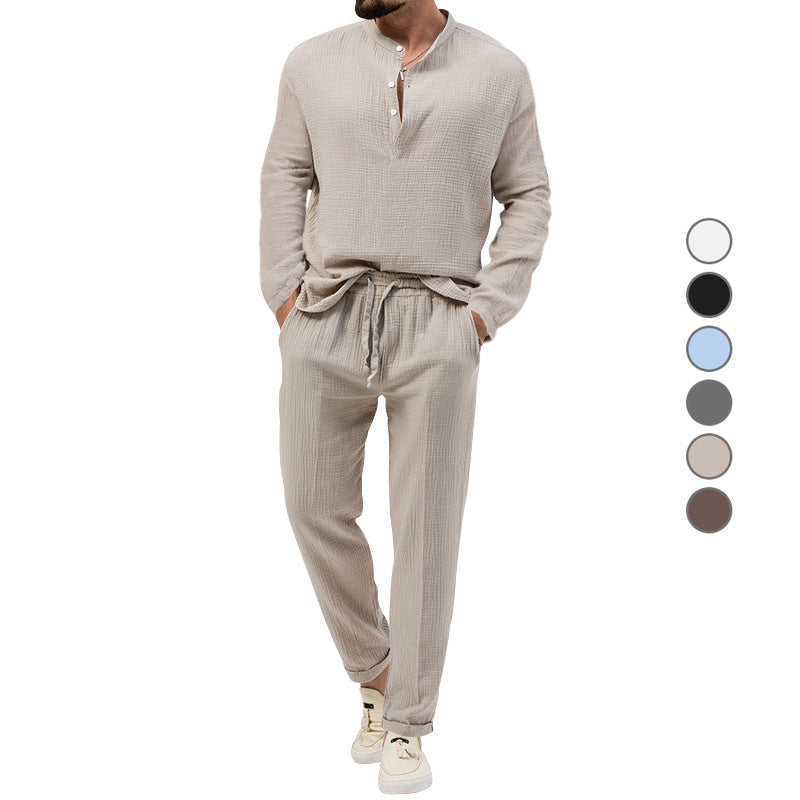 Herren Lässiges Zweiteiliges Lounge-Set aus Baumwoll-Gauze mit Henley-Oberteil und Tunnelzug-Hose Drune