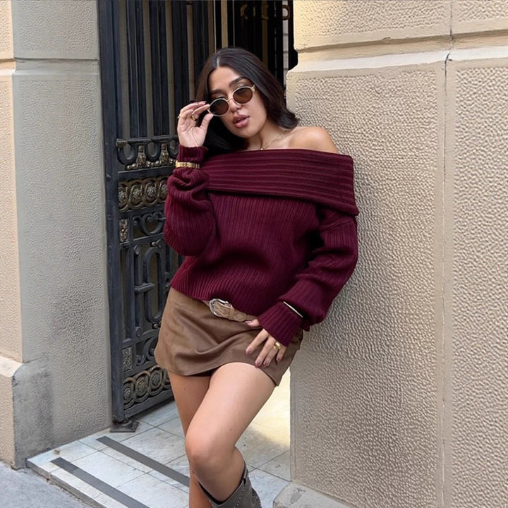 Damen Off-Shoulder Rippstrickpullover mit weitem Umschlagkragen Drune