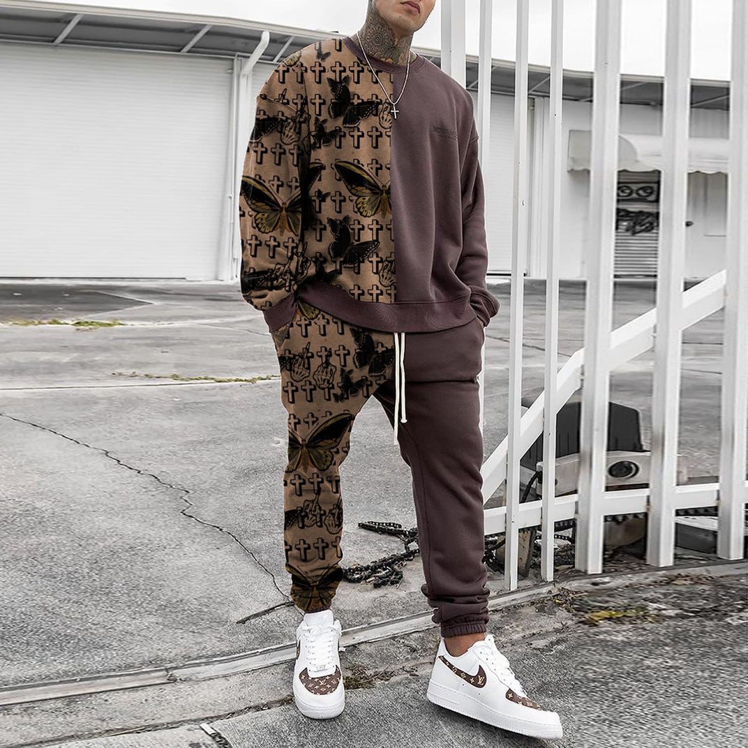 Herren Weit geschnittenes Freizeit-Set aus Baumwollfleece mit grafischem Frontprint und Kordel-Jogger Drune