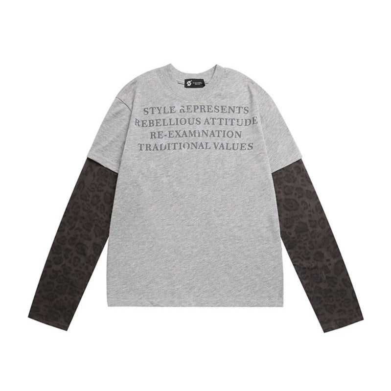 Damen Lagen-Langarmshirt mit Kontrastärmeln im Leo-Muster und Statement-Print Drune