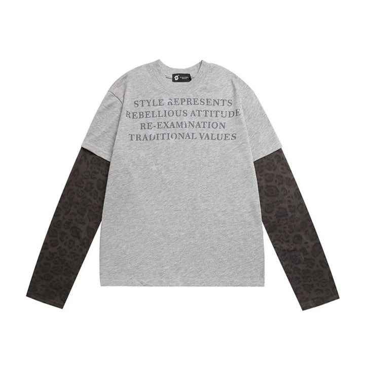 Damen Lagen-Langarmshirt mit Kontrastärmeln im Leo-Muster und Statement-Print Drune