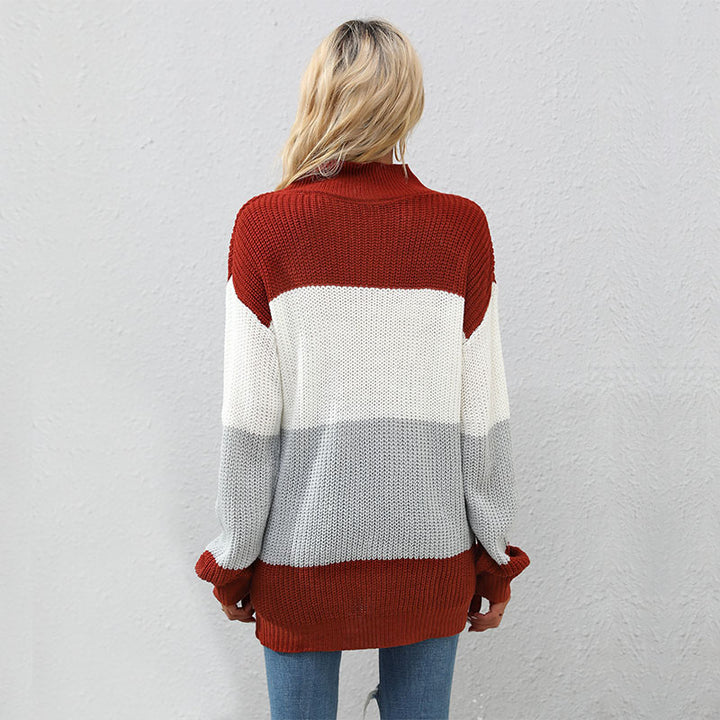 Damen Modischer Strickpullover mit hohem Kragen und Blockstreifen Drune