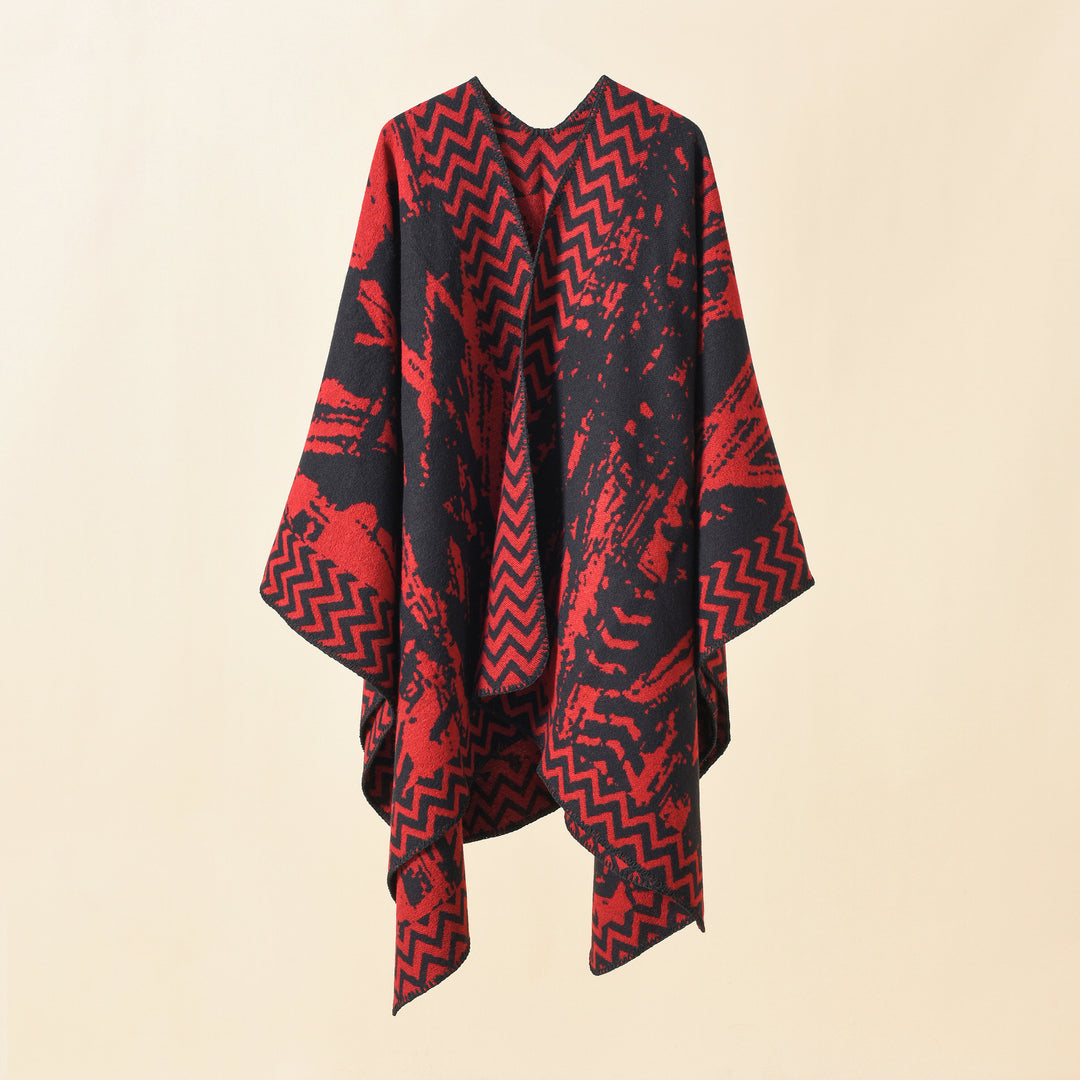 Damen Strick‑Ruana mit abstraktem Jacquard und Kettelsaum Drune