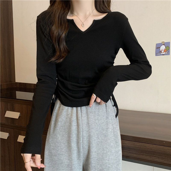 Damen vielseitiges Langarmshirt mit modischem V-Ausschnitt und Raffung Drune