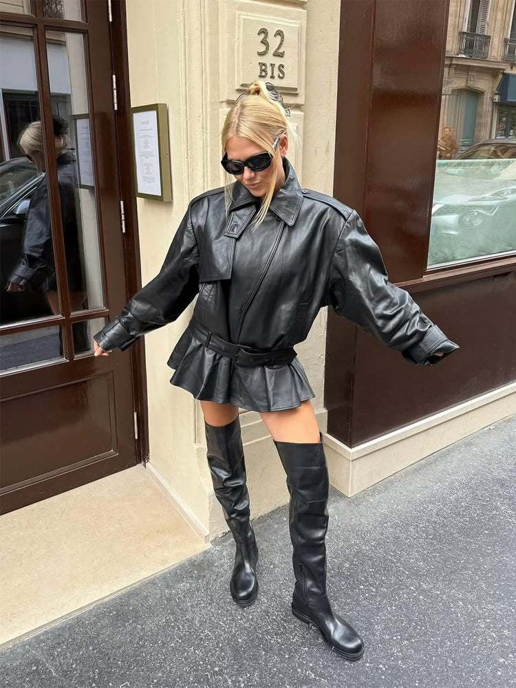 Damen Oversize-Lederjacke mit taillierendem Bindegürtel und Volant-Saum Drune