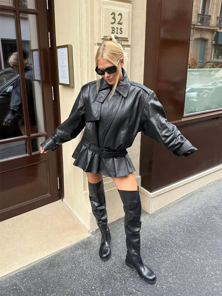 Damen Oversize-Lederjacke mit taillierendem Bindegürtel und Volant-Saum Drune