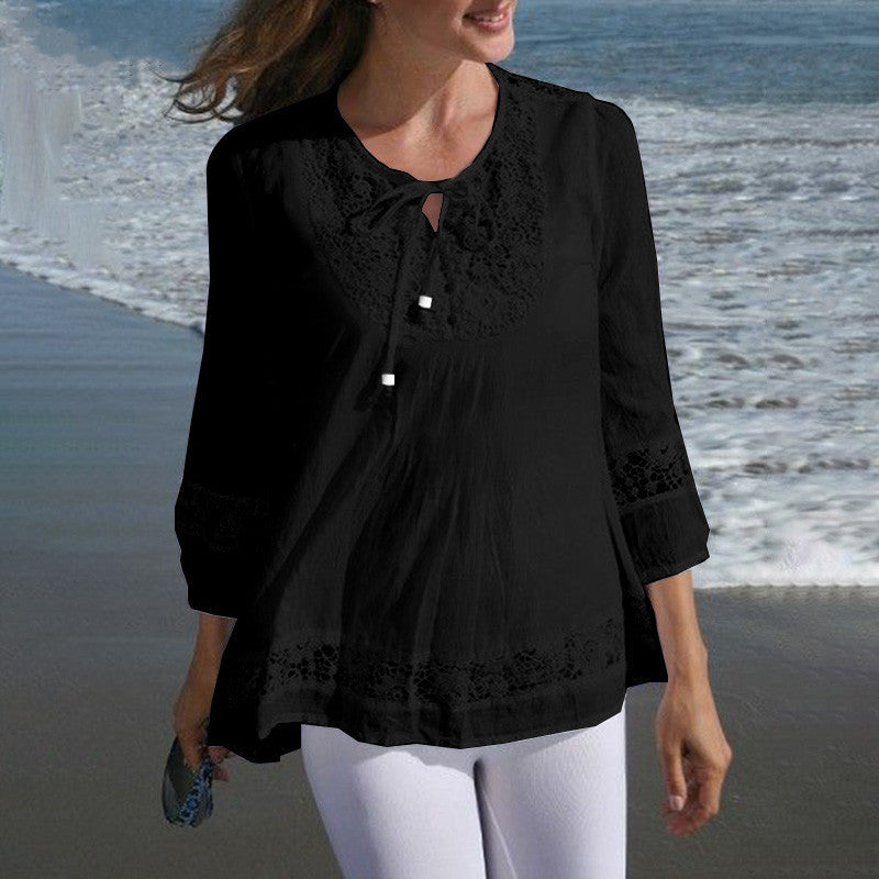 Damen Lässige Tunika-Bluse mit Häkelspitze, Bindekragen und dreiviertel Ärmeln Drune