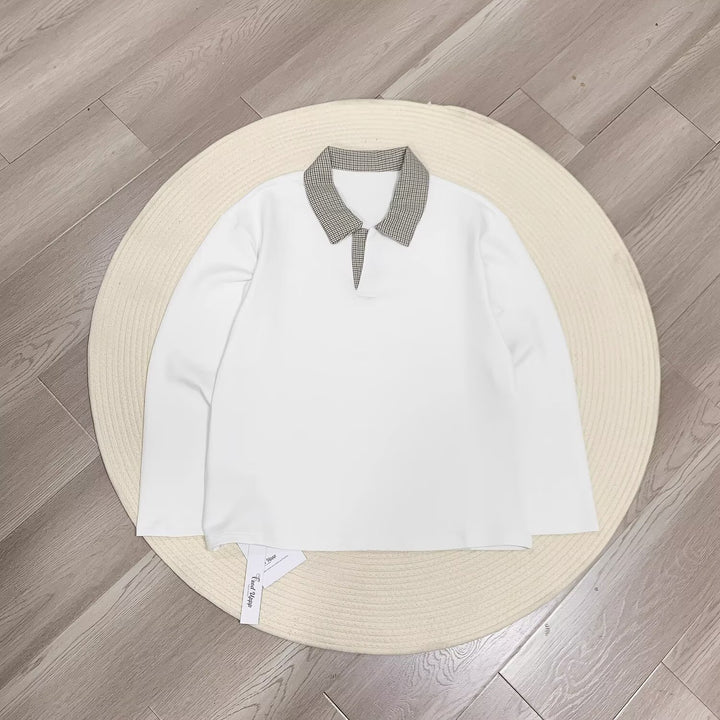 Damen Langärmeliges Polo-Shirt mit kontrastierendem Hahnentrittmuster Kragen Drune