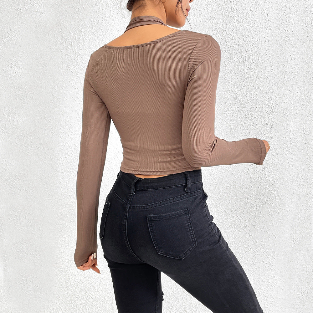 Damen cropped Langarmshirt mit elegantem Twist-Design und Farbakzenten Drune