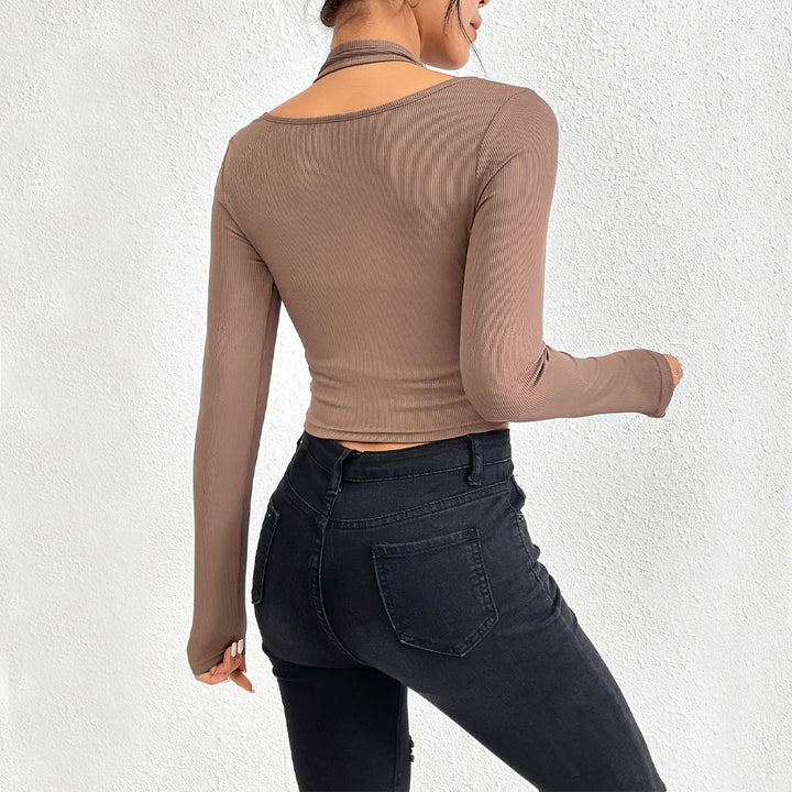 Damen cropped Langarmshirt mit elegantem Twist-Design und Farbakzenten Drune