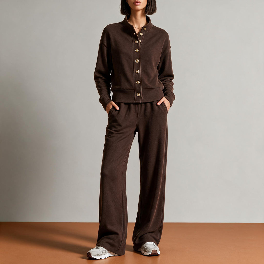 Damen Sweatjacke mit Druckknopfleiste, Stehkragen und weichem Lounge-Schnitt Drune