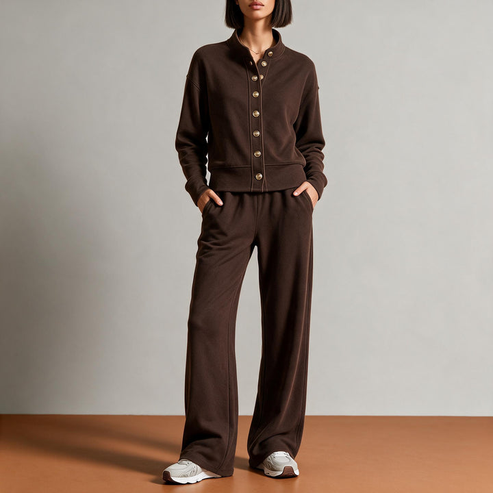 Damen Sweatjacke mit Druckknopfleiste, Stehkragen und weichem Lounge-Schnitt Drune