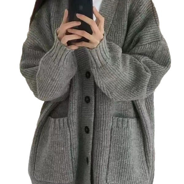 Damen Grobstrickjacke mit großen Taschen und Knopfdetails Drune