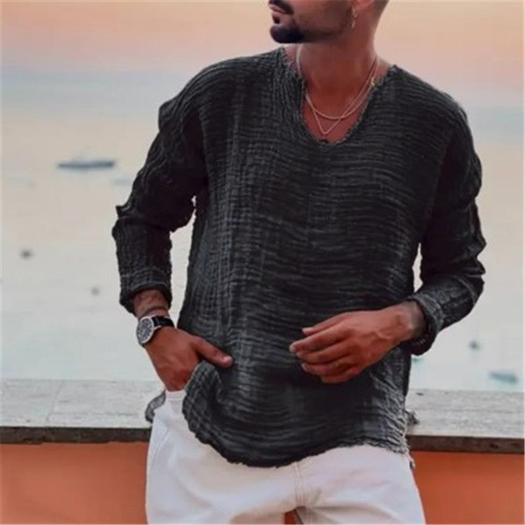 Herren lässiges V-Neck Leinenhemd Drune