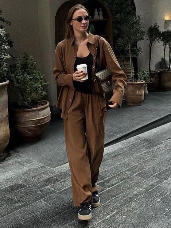 Damen elegantes Freizeitanzug-Set mit lockerer Bluse und weiten Hosen Drune
