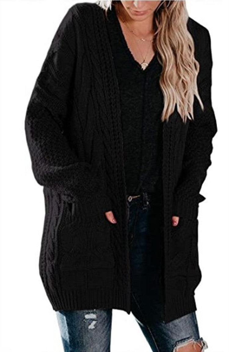 Damen Grobstrick Cardigan mit offenen Taschen und voluminösen Ärmeln Drune