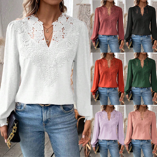 Damen Bluse mit Spitzen‑Plastron, V‑Ausschnitt und ballonartigen Ärmeln Drune