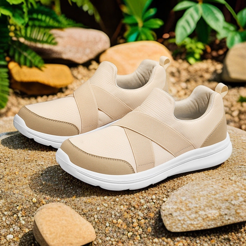 Damen nan elastischer Slip-On Komfort-Sneaker mit atmungsaktivem Strickoberteil, gekreuzten Stretchriemen und dämpfender EVA-Sohle Drune