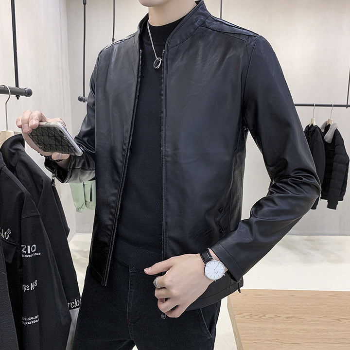 Herren Modische Lederjacke mit stylischem Kragen Drune