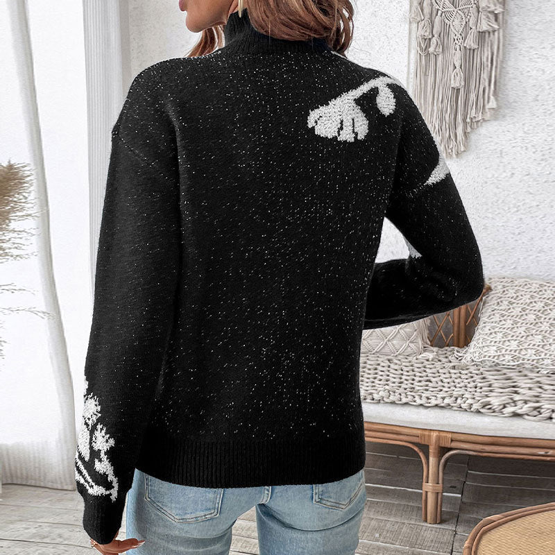 Damen Floraler Intarsia-Strickpullover mit Stehkragen und lockerer Silhouette Drune
