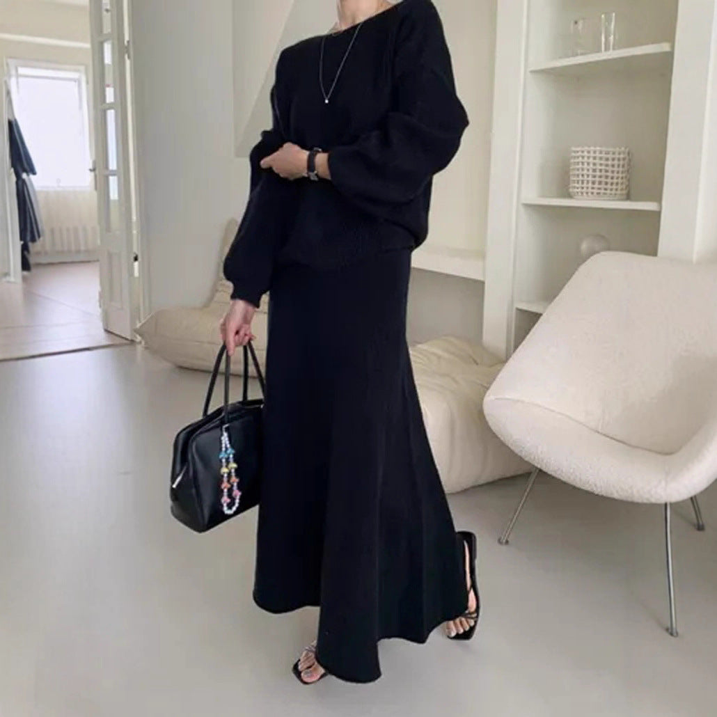 Damen Strick-Set aus Oversize-Ripp-Pullover und fließendem Maxirock Drune