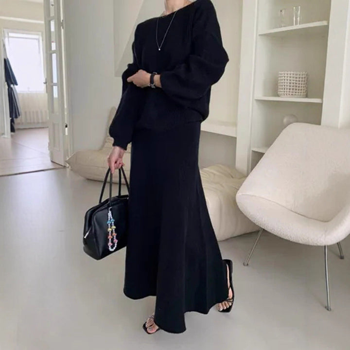 Damen Strick-Set aus Oversize-Ripp-Pullover und fließendem Maxirock Drune