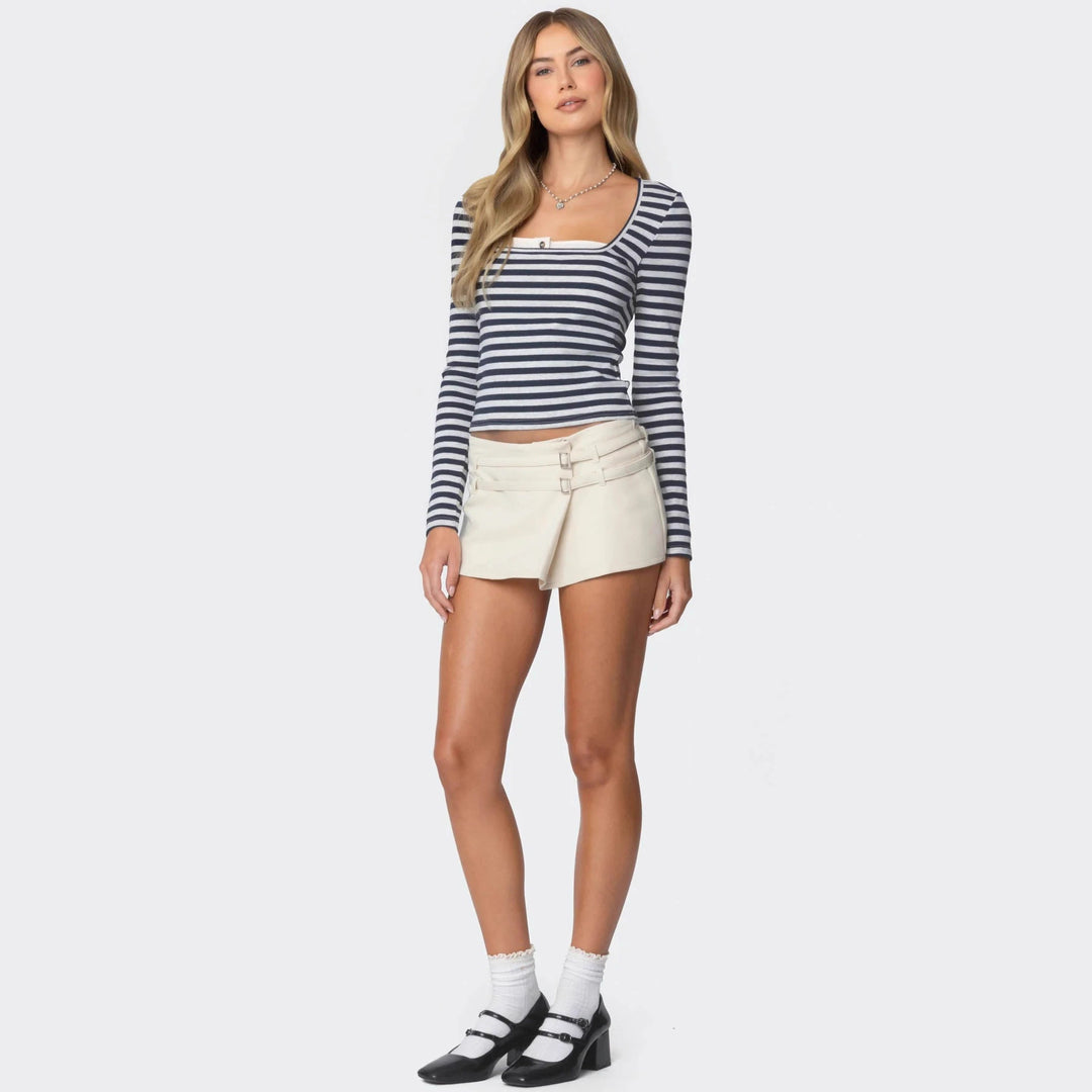 Damen Langarmshirt mit Quadrat-Ausschnitt und maritimem Streifenmuster Drune
