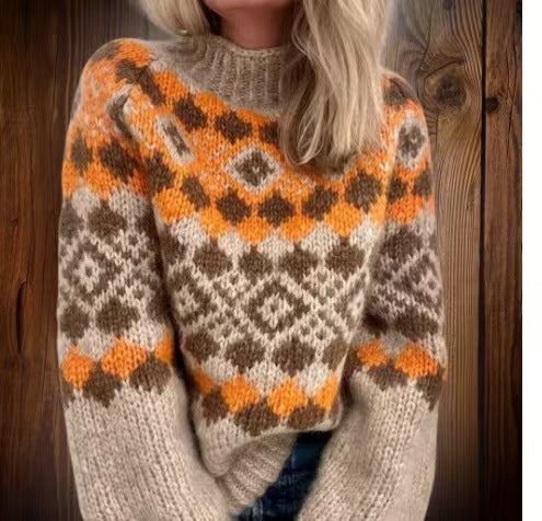 Damen nan kuscheliger Norweger-Strickpullover mit Stehkragen und Oversize-Passform Drune