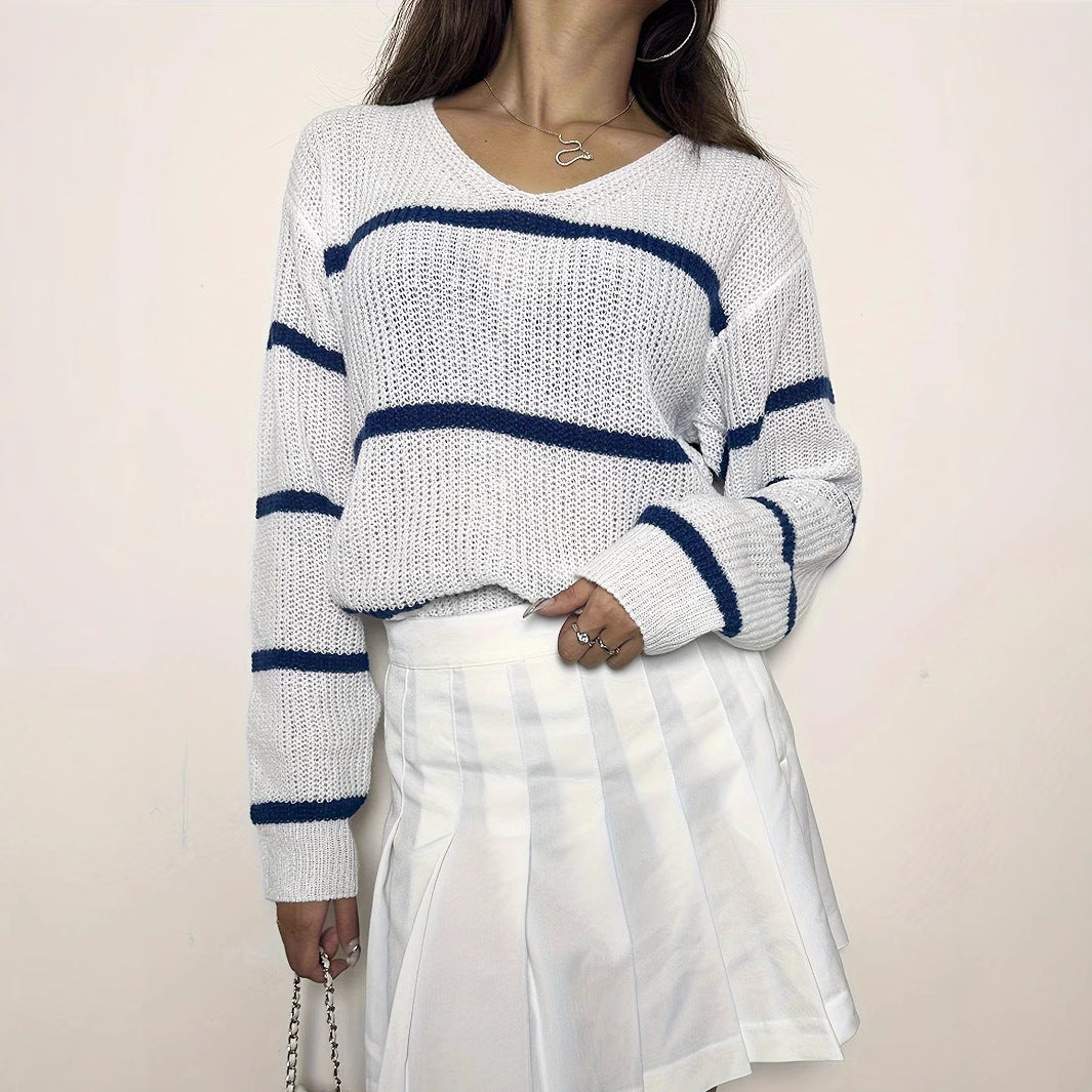 Damen lässiger Strickpullover mit Streifen Drune