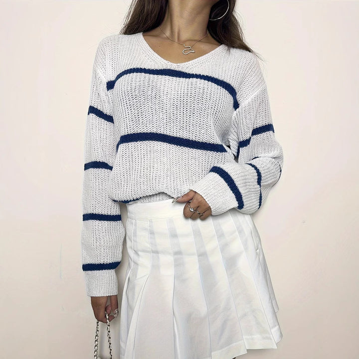 Damen lässiger Strickpullover mit Streifen Drune