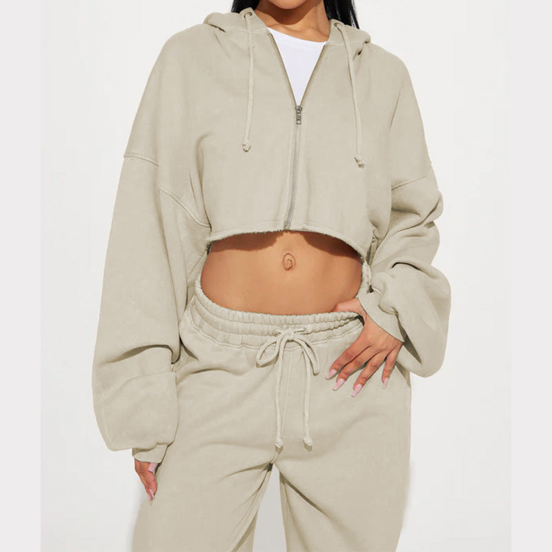 Damen Lässiges Fleece-Kapuzenoberteil mit weitem Schnitt und entspannter Hose Set Drune