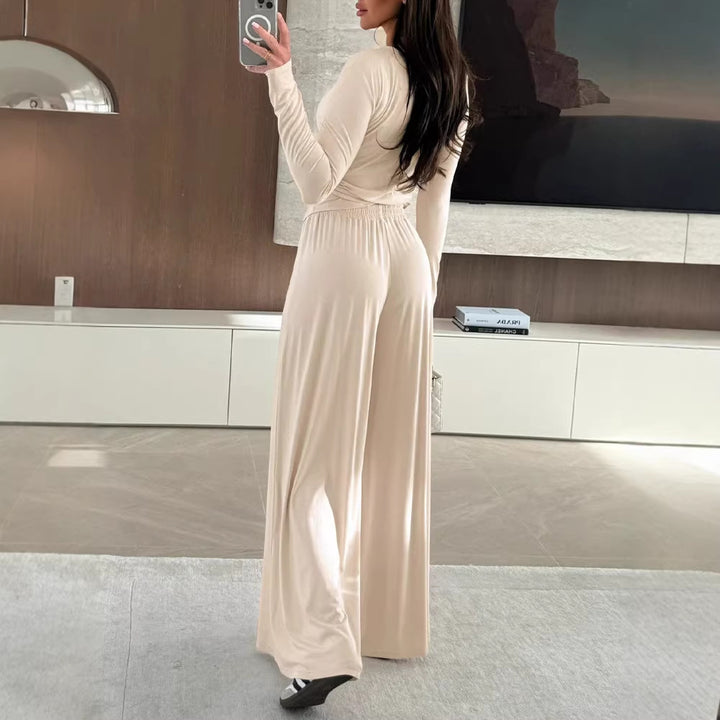 Damen Wickel-Jersey-Maxikleid mit V-Ausschnitt, Taillenband und weitem Palazzo-Rock Drune