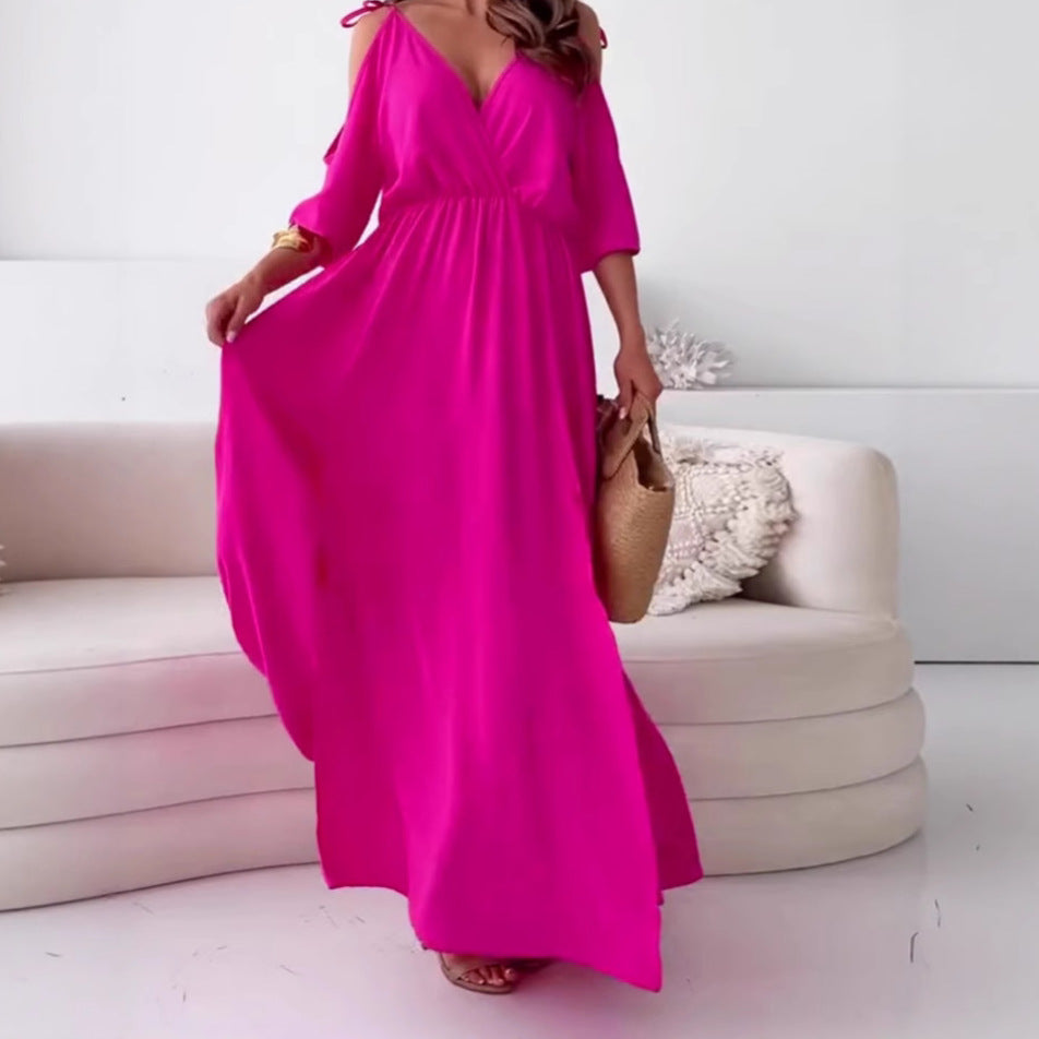 Damen nan fließende Maxirobe mit V-Drapé, schulterfreiem Trägerband, elastischer Taillenpasse und hohem Rockschlitz Drune