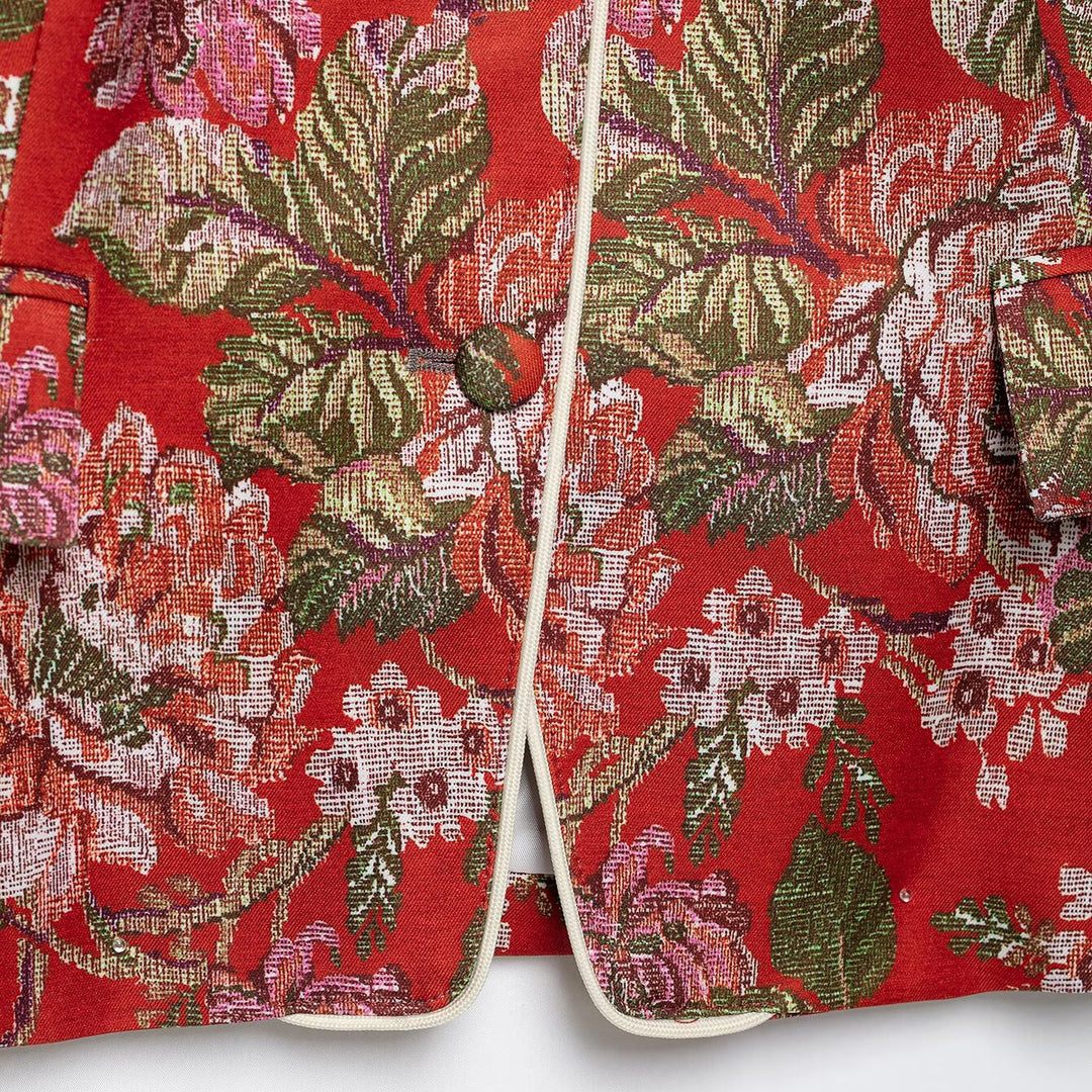 Damen Brokat-Cropped-Blazer mit floraler Jacquardstruktur und Kontrastpaspel Drune