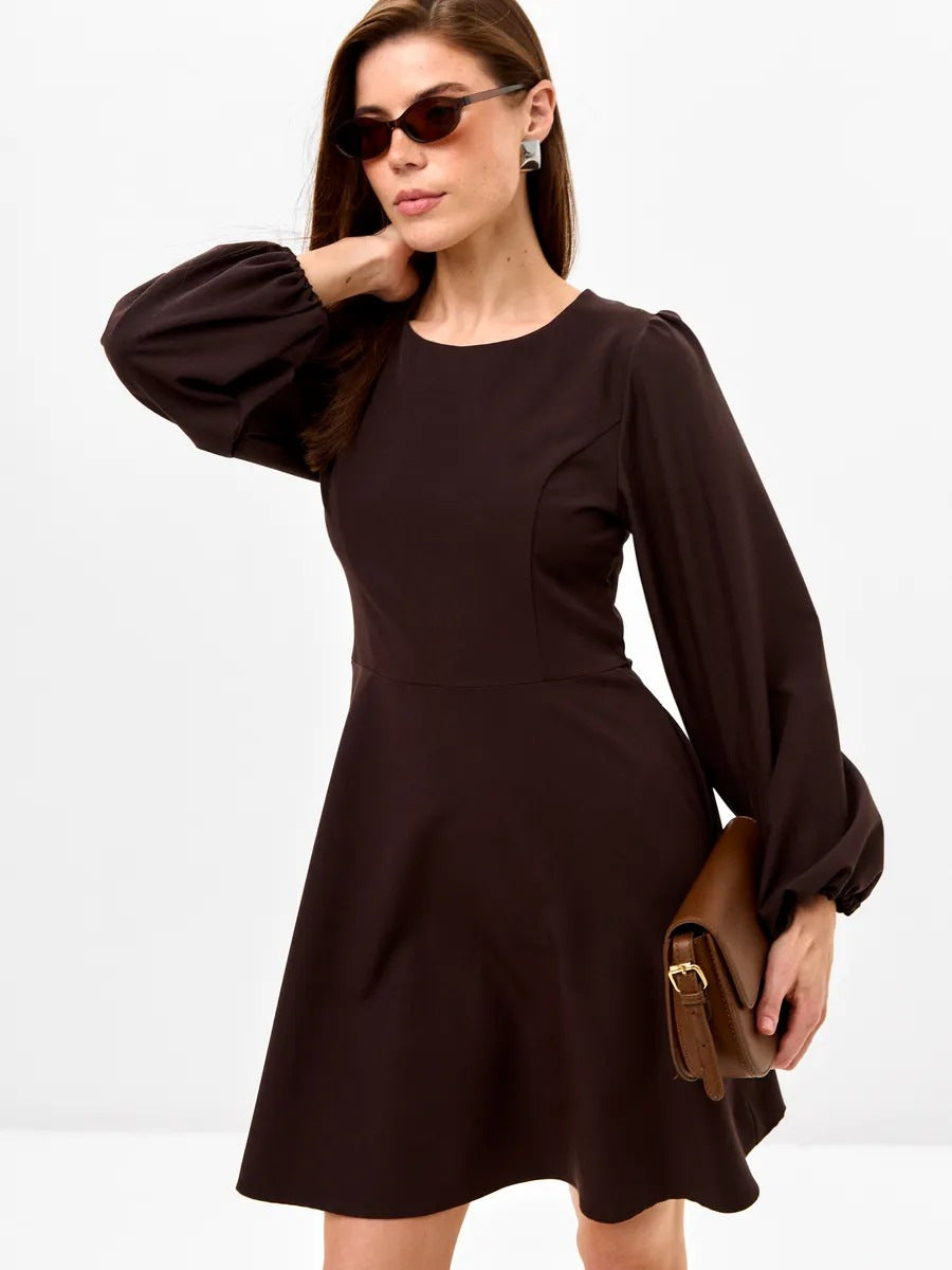 Damen schickes Cocktailkleid mit geraffter Taille, langen Ballonärmeln und rundem Ausschnitt Drune