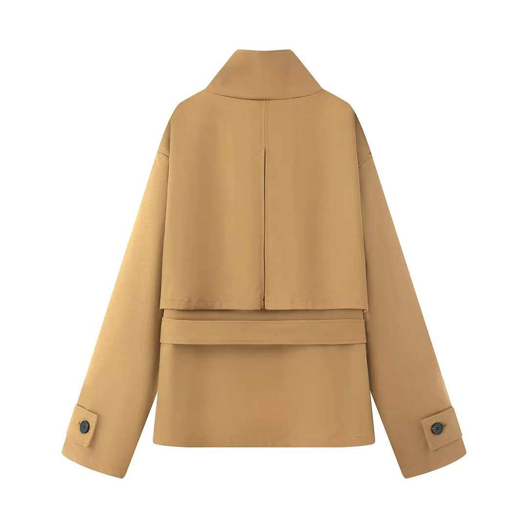Damen nan funktionale Safari‑Jacke mit Taillengürtel, Pattentaschen und hoch geschlossenem Kragen Drune